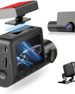 3 Channel Dash Cam for Car with 1080 + 1080 + 480p Three Lenses, Wide Angle Monitoring Range of 140° + 140° + 130°, 24-Hour Parking Monitoring, 4 Infrared Lamps with 64GB Memory Card