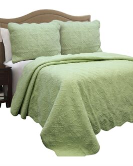 Full Queen Green Cotton Quilt Bedspread with Scalloped Borders