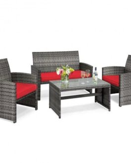 4 Pieces Patio Rattan Furniture Set with Cushions-Red – Color: Red