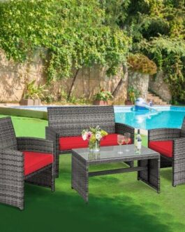 4 Pieces Patio Rattan Furniture Set with Cushions-Red – Color: Red