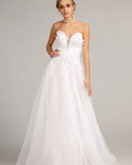 3D Flower Embellished Mesh Wedding Gown Rhinestone and Glitter Embellished GLGL3010