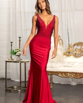 Beads Embellished Jersey Mermaid Dress Open Back and Sheer Sides GLGL3037