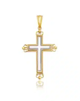 14k Two-Tone Gold Cross Pendant with an Ornate Budded Style