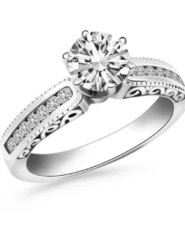 14k White Gold Channel Set Engagement Ring with Engraved Sides