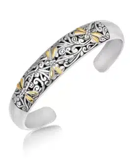 18k Yellow Gold and Sterling Silver Cuff with Dragonfly and Flourishes