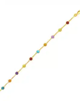 14k Yellow Gold Cable Anklet with Round Multi Tone Stations