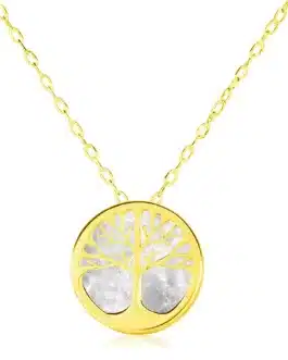 14k Yellow Gold Necklace with Tree of Life Symbol in Mother of Pearl