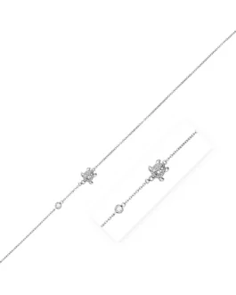Sterling Silver Anklet with Textured Turtle and Cubic Zirconia