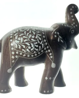 Hand Carved Wooden Indian Elephant Statue with Resin Inlay Decoration