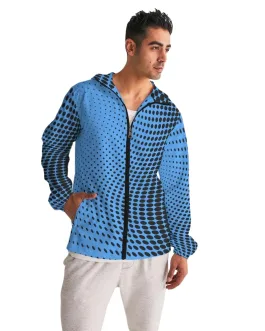 Mens Hooded Windbreaker – Blue Polka Dot Water Resistant Jacket – Jl1g0x