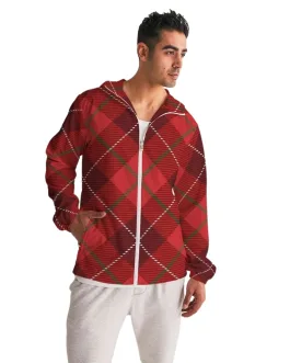 Mens Hooded Windbreaker – Red Tartan Plaid Water Resistant Jacket