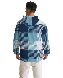 Mens Hooded Windbreaker – Tartan Plaid Blue Water Resistant Jacket – J917641