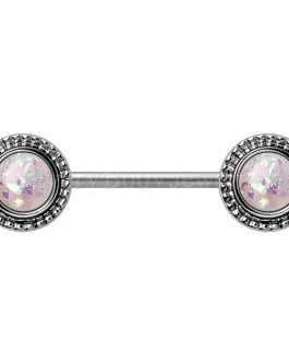 316L Stainless Steel Ornate White Synthetic Opal Nipple Bar