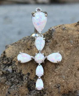 316L Stainless Steel White Synthetic Opal Cross Top Down Navel Ring