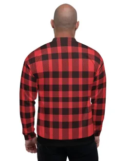 Mens Jacket – Edgy Plaid Colorblock Bomber Jacket Red/black