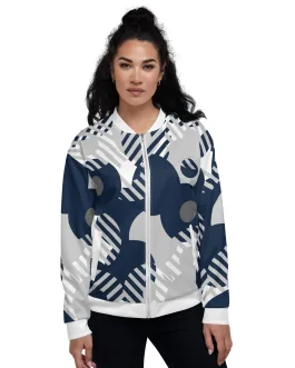 Womens Bomber Jacket, Blue & Grey Geometric Style