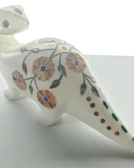 Hard Carved Vintage Animal Figurine Collectible White Marble Floral Inlay Stone Design Statue for Home Office