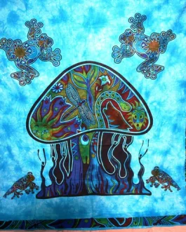 Blue Psychedelic Art Mushroom Garden Cotton Tapestry