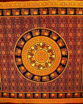 Brown & Saffron Bagru Elephant Mandala Tapestry