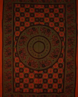 Saffron & Green Folk Style Bagru Elephant Mandala Tapestry
