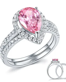 Sterling 925 Silver Bridal Wedding Engagement Ring Set 2 Carat Pear Fancy Pink Created Diamond Jewelry XFR8223
