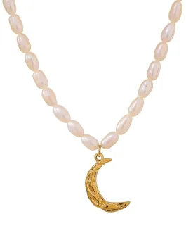 Taletha – Crescent Gold Moon Natural Pearl Charm Necklace
