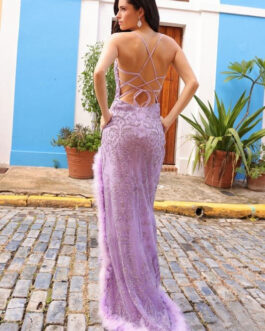 Side Slit Tulle Detail Open Criss Cross Back Embroidered Sequin Long Prom Dress NXC1411