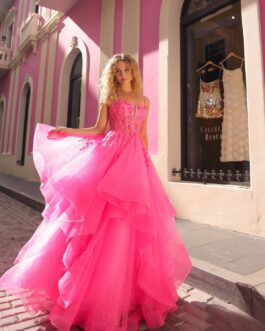 Ruffle Skirt Embellished Glitter Corset Back A-Line Long Prom Dress NXH1351