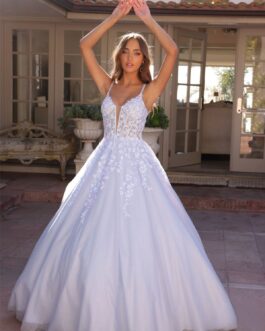 Double Spaghetti Straps Embroidered Lace Bodice Long Quinceanera Dress NXH1357