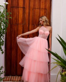 One Shoulder Ruffle Skirt Sheer Bodice Long Prom Dress NXP1400