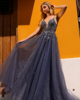 Embroidered Sequin Bodice Tulle Skirt Long Prom Dress NXQ1391