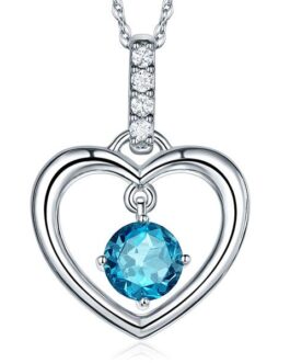 Fine 14K White Gold London Blue Topaz Heart Pendant Necklace 0.04 Ct Diamond KN7013LB