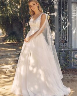 Sequin and Bead Embellished V-Neck Cape Sleeves Tulle Overlay Long Wedding Dress NXJE947