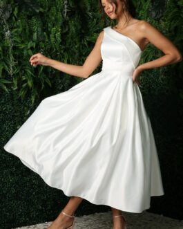 Open Back Strap Satin One Shoulder Midi Wedding Dress NXJE931W Sale