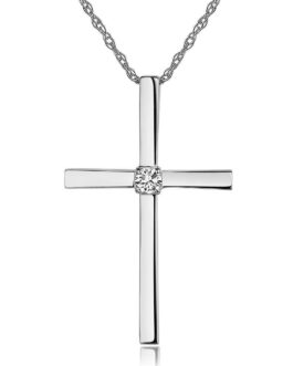 14K White Gold Cross Pendant Necklace 0.08 Ct Diamonds KN7038