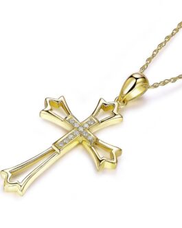 14K Yellow Gold Cross Pendant Necklace 0.07 Ct Diamonds KN7033