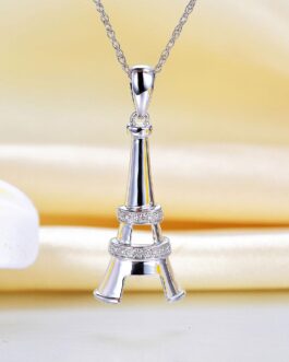 14K White Gold Eiffel Tower Pendant Necklace 0.1 Ct Diamonds KN7053