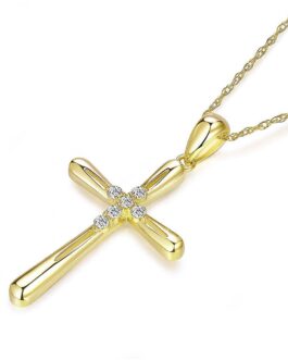 14K Yellow Gold Cross Pendant Necklace 0.13 Ct Diamonds KN7036