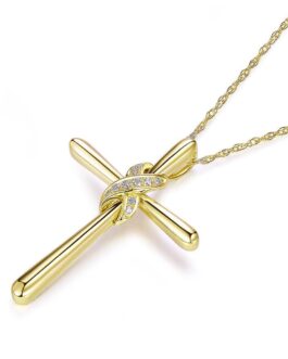 14K Yellow Gold Cross Pendant Necklace 0.038 Ct Diamonds KN7045
