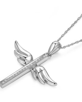 14K White Gold Angel Wing Cross Pendant Necklace 0.08 Ct Diamonds KN7056