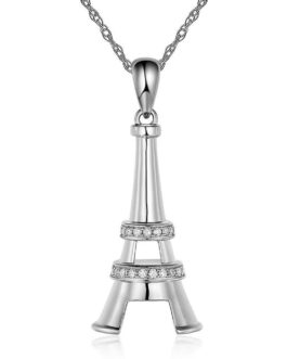 14K White Gold Eiffel Tower Pendant Necklace 0.1 Ct Diamonds KN7053