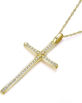 14K Yellow Gold Cross Pendant Necklace 0.3 Ct Diamonds KN7042