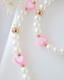 “Candy Love” | Pink Hearts & Pearls Beaded Phone Lanyard