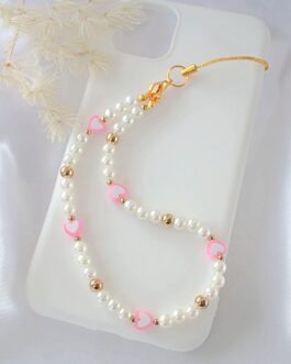 “Candy Love” | Pink Hearts & Pearls Beaded Phone Lanyard