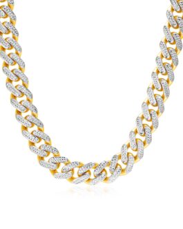 14k Two Tone Gold Miami Cuban Chain Necklace with White Pave