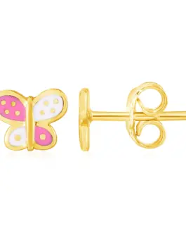 14k Yellow Gold and Enamel Pink and White Butterfly Stud Earrings