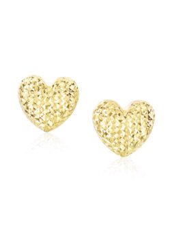 14k Yellow Gold Puffed Heart Earrings with Diamond Cuts