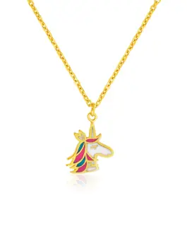 14k Yellow Gold Childrens Necklace with Enameled Unicorn Pendant