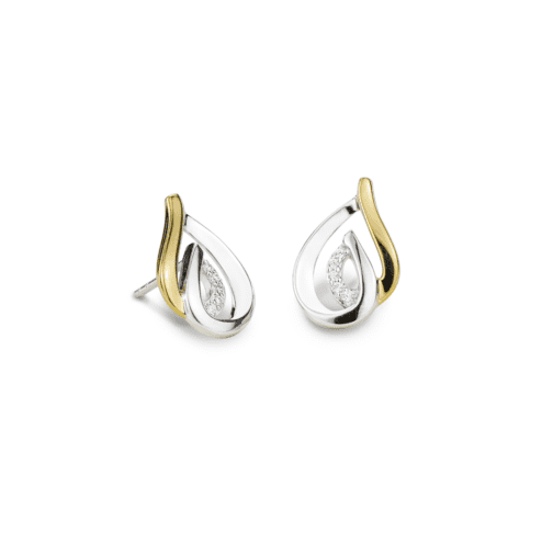 Elegant gold and silver teardrop earrings with diamonds.