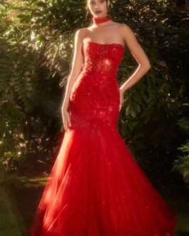 STRAPLESS RED TULLE MERMAID GOWN CDA1345